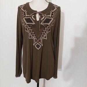 THML Boho Olive Green Embroidered Long Sleeve Stretch Knit Tunic Top Size M